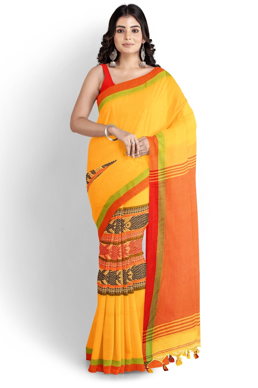 Yellow Red Pure Cotton Marine Hand Loom Saree (1279)